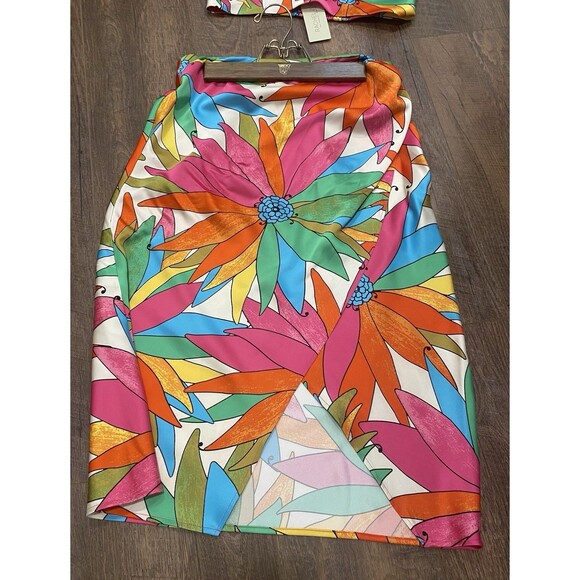 Rachel Zoe Women MIDI Skirt Halter Top Set Xs Jungle Tropical Floral Vibrant NEW - Picture 2 of 8